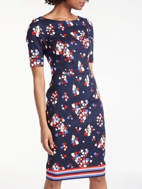 Boden Fleur Navy Multi Floral Textured Cotton Boat Neck Pencil Dress Size US 12R